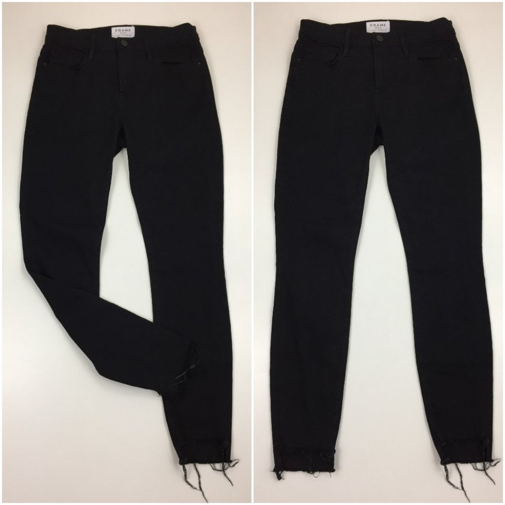 FRAME Le Skinny De Jeanne Film Noir Black Raw Step Hem Logo Hardware Denim Jeans